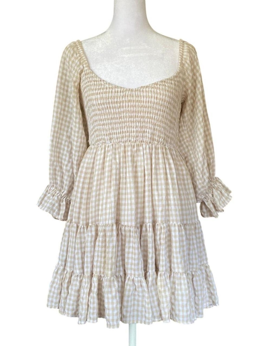 Mabel Cream Plaid Smocked Puff Sleeve Mini Dress Size M